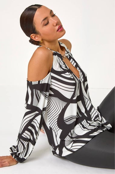 Roman Ivory Abstract Print Cold Shoulder Stretch Top