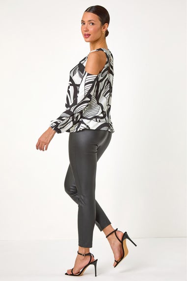 Roman Ivory Abstract Print Cold Shoulder Stretch Top