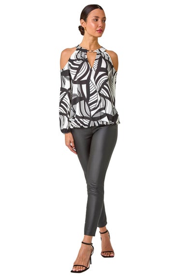 Roman Ivory Abstract Print Cold Shoulder Stretch Top