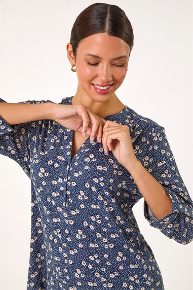 Roman Grey Stretch Ditsy Floral Buttoned Top