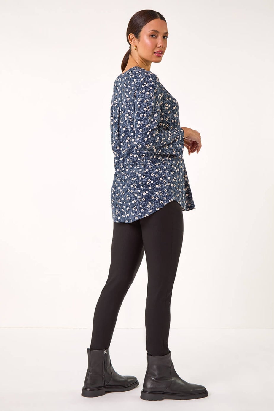 Roman Grey Stretch Ditsy Floral Buttoned Top