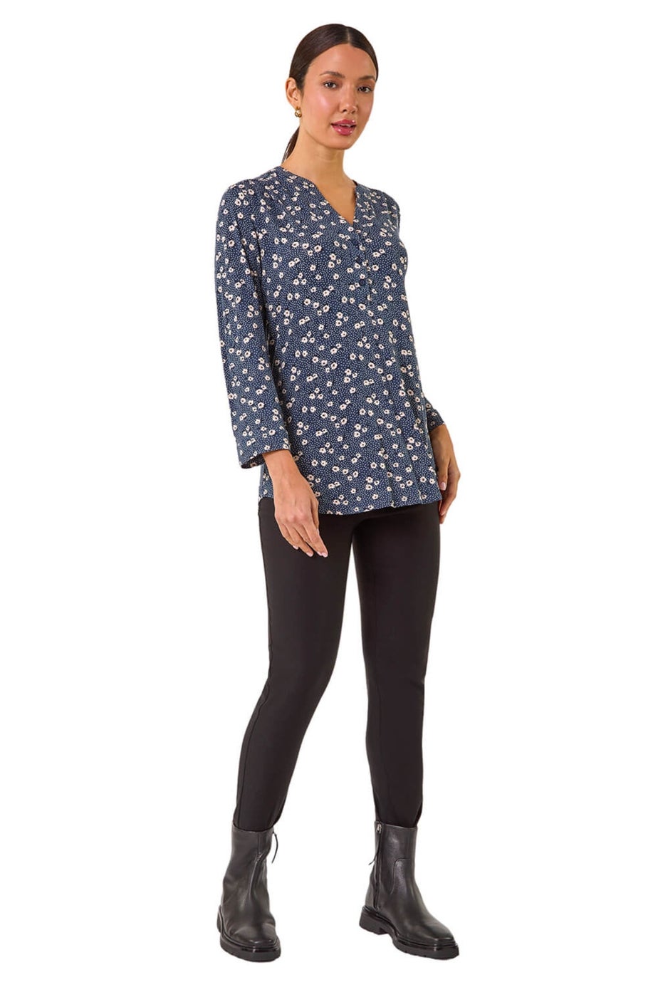 Roman Grey Stretch Ditsy Floral Buttoned Top
