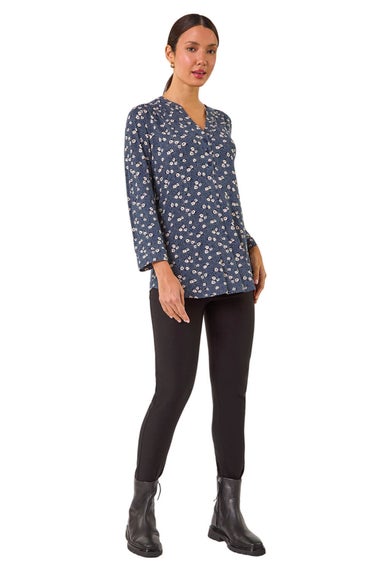 Roman Grey Stretch Ditsy Floral Buttoned Top