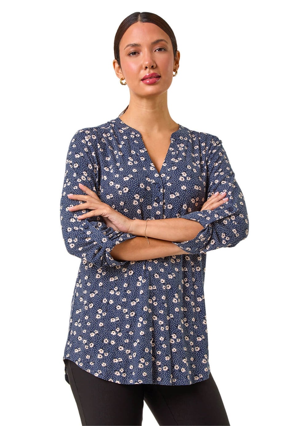 Roman Grey Stretch Ditsy Floral Buttoned Top