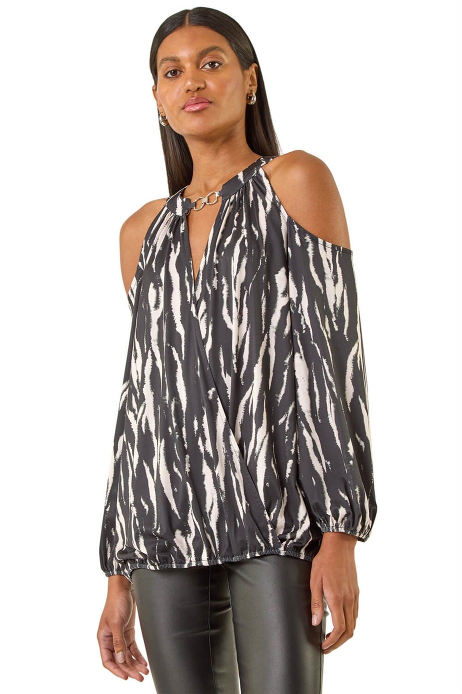Roman Black Abstract Print Cold Shoulder Stretch Top