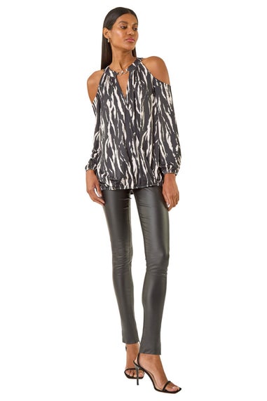 Roman Black Abstract Print Cold Shoulder Stretch Top
