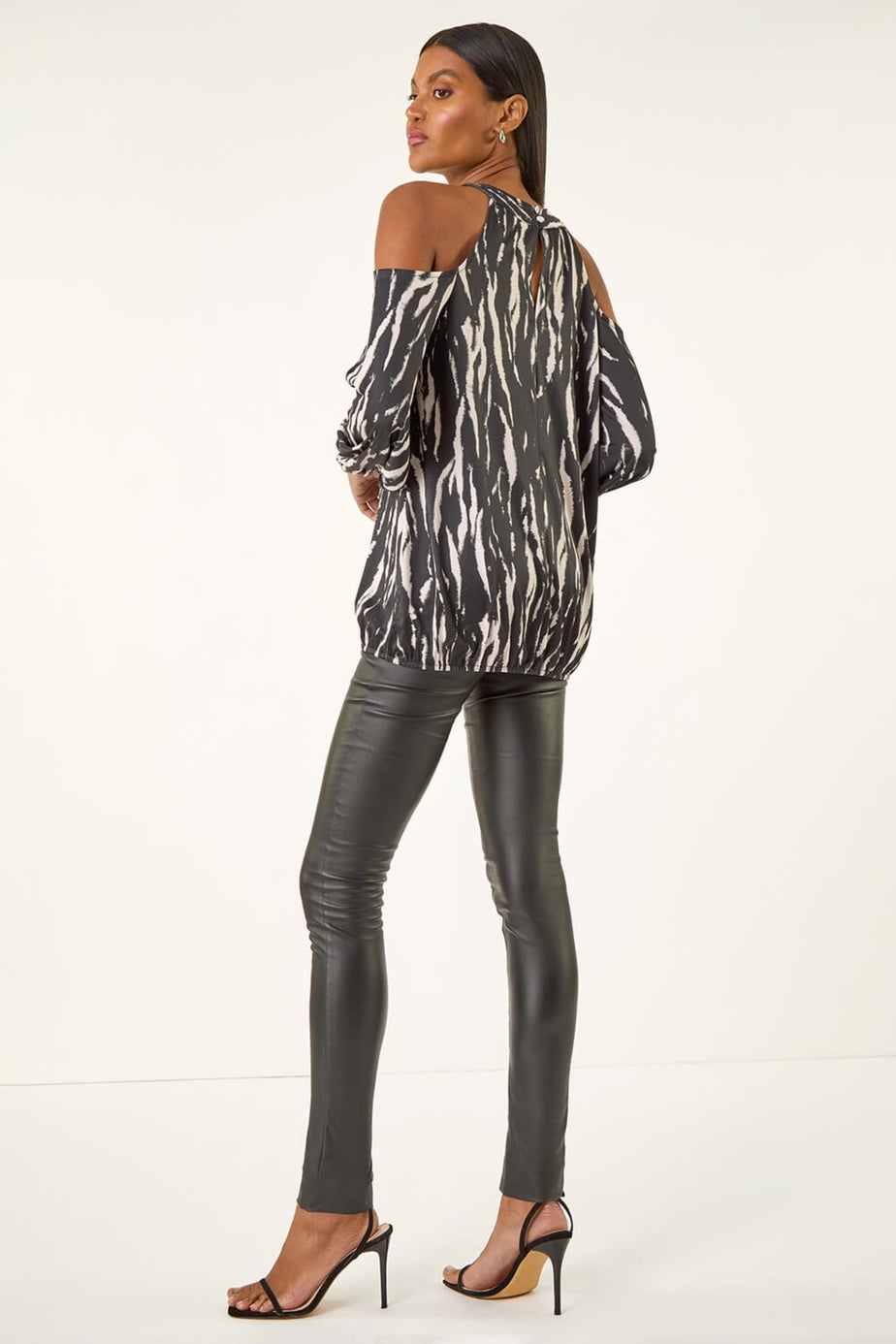 Roman Black Abstract Print Cold Shoulder Stretch Top