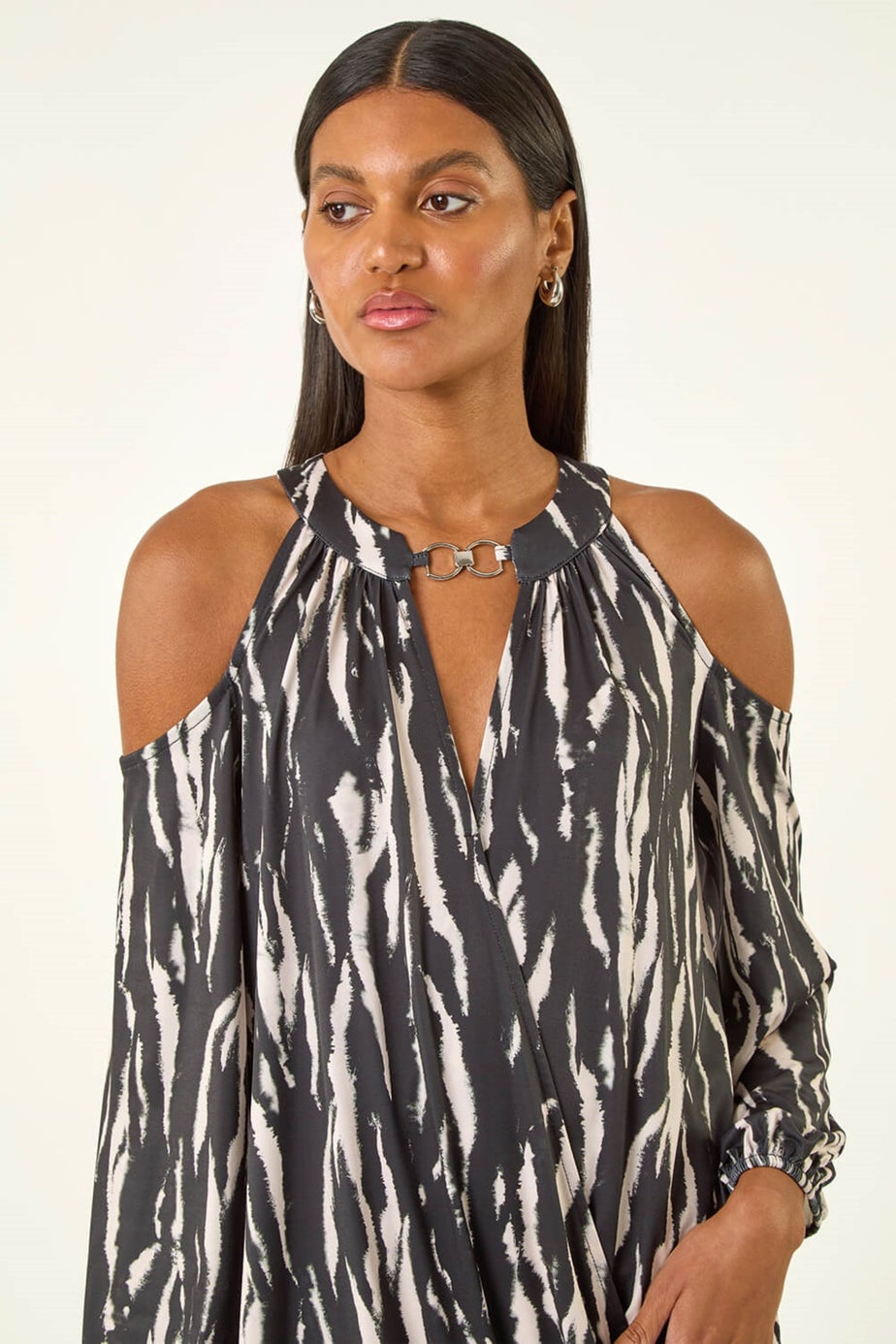 Roman Black Abstract Print Cold Shoulder Stretch Top