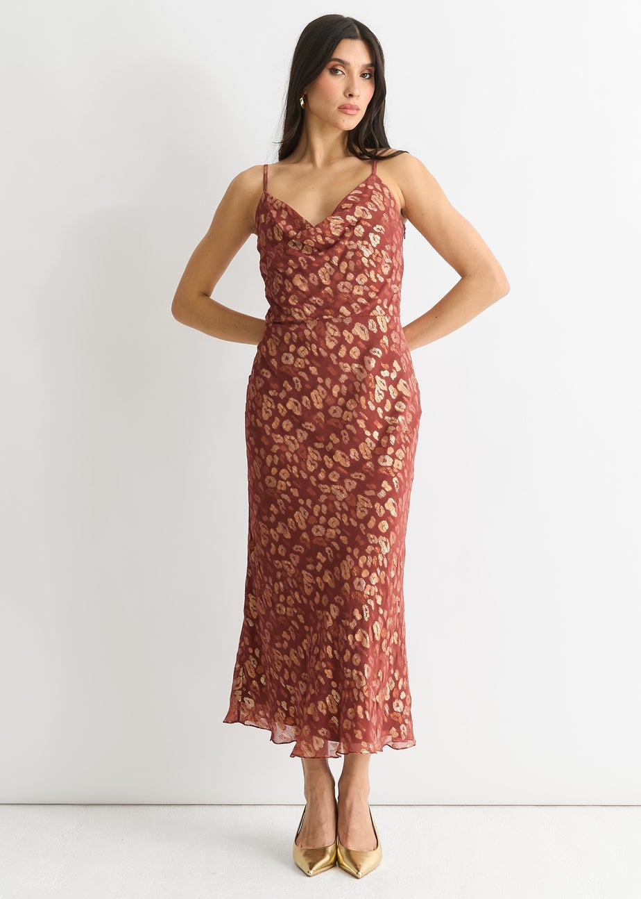 Gini London Brown Viscose Animal Jacquard Cowl Midi Dress