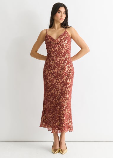 Gini London Brown Viscose Animal Jacquard Cowl Midi Dress