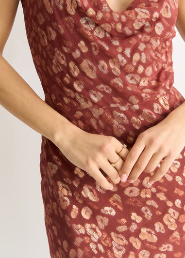 Gini London Brown Viscose Animal Jacquard Cowl Midi Dress