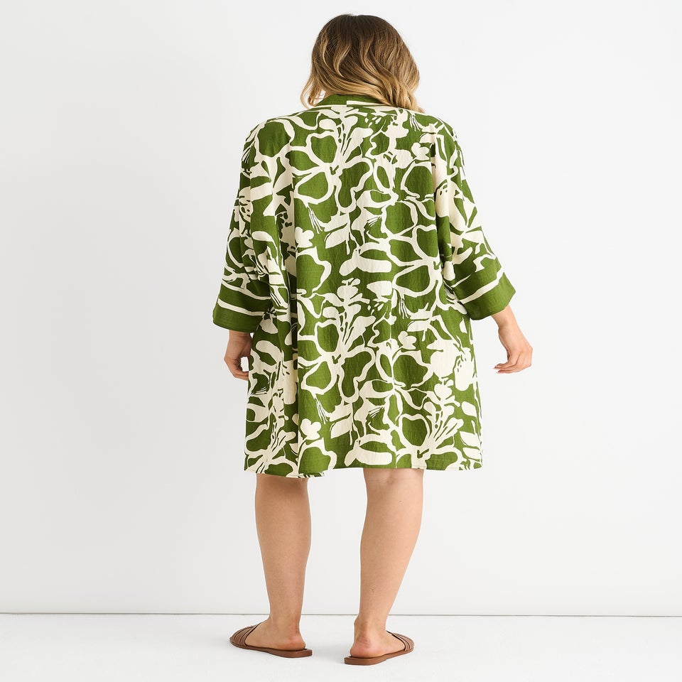 Gini London Green Summer Border Printed Beach Kimono