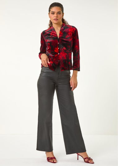 Roman Red Floral Print Velvet Blouse