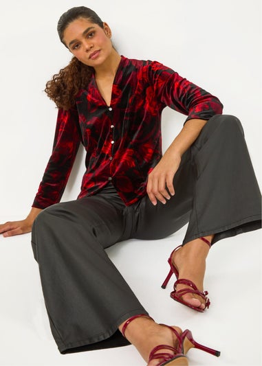 Roman Red Floral Print Velvet Blouse