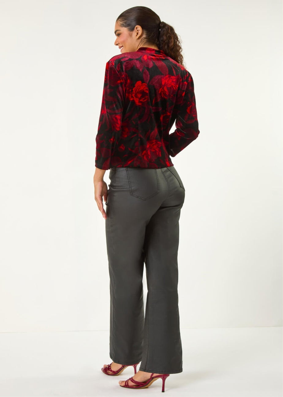 Roman Red Floral Print Velvet Blouse