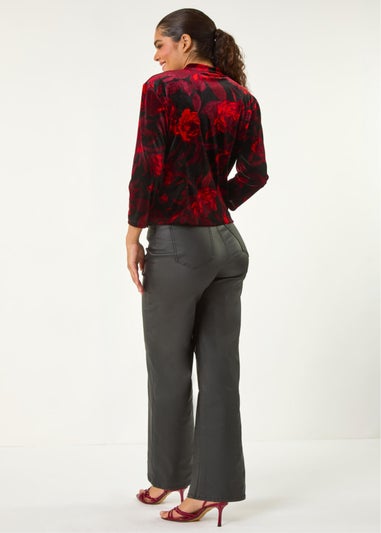 Roman Red Floral Print Velvet Blouse