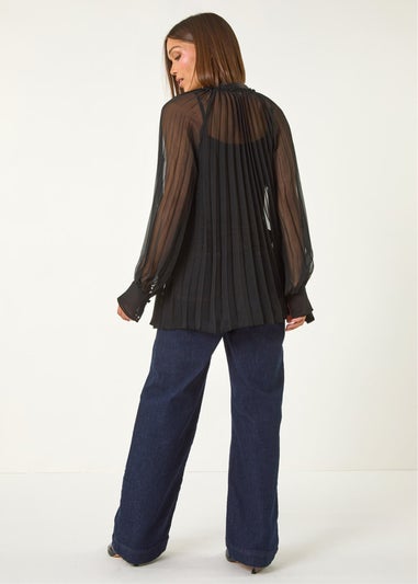 Roman Black Tie V-Neck Pleated Blouse