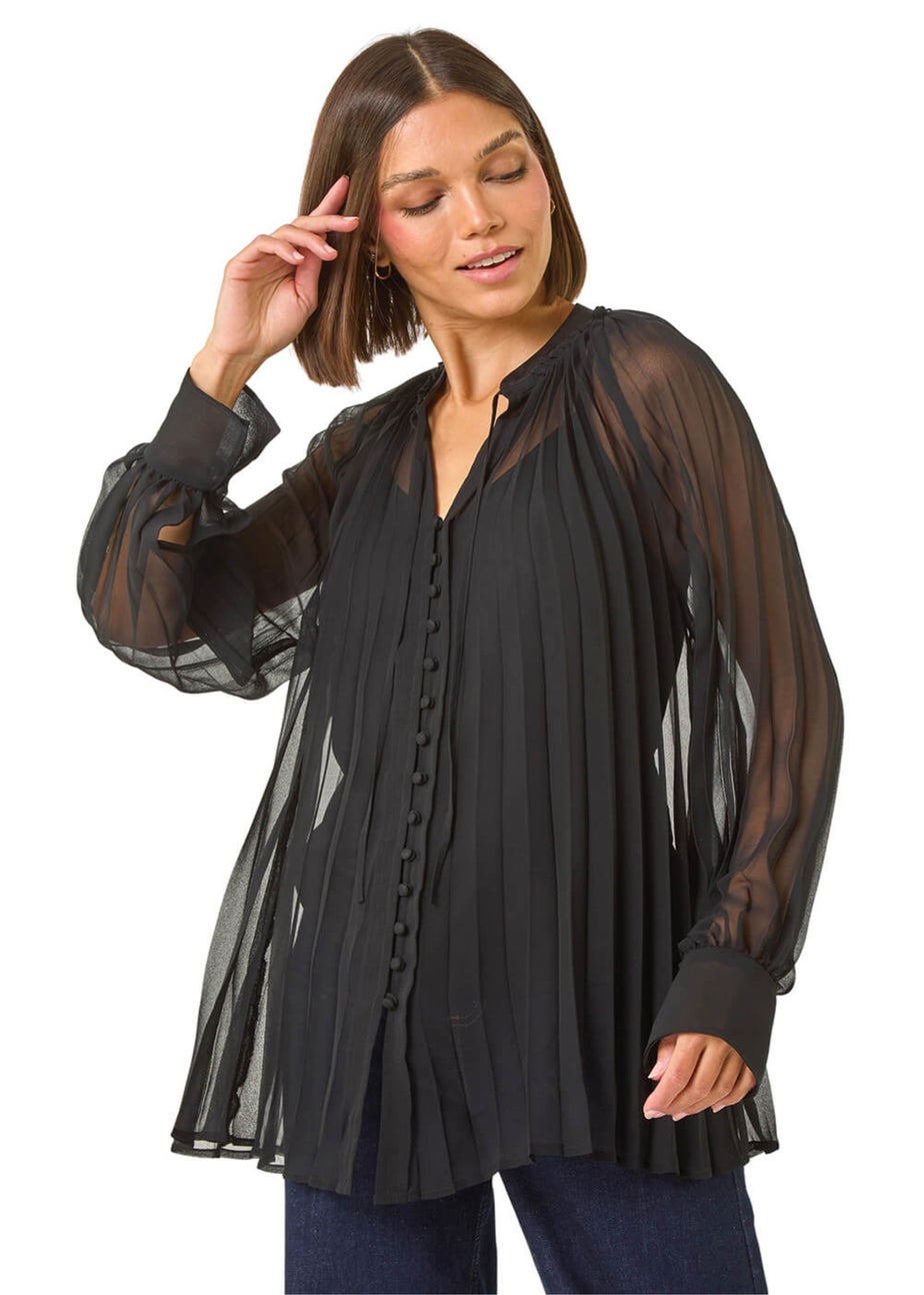 Roman Black Tie V-Neck Pleated Blouse