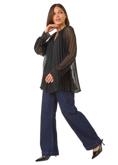 Roman Black Tie V-Neck Pleated Blouse