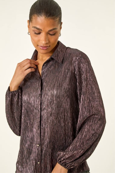 Roman Rose Foil Plisse Button Through Blouse