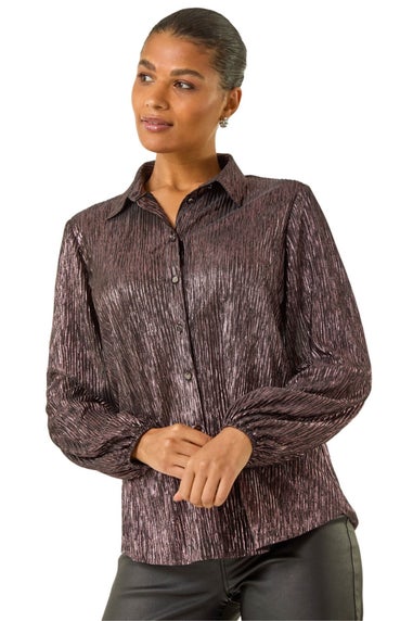 Roman Rose Foil Plisse Button Through Blouse