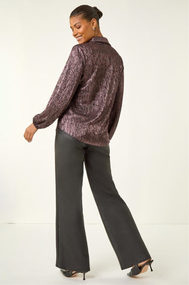 Roman Rose Foil Plisse Button Through Blouse