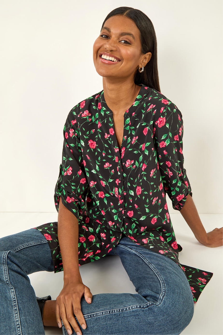 Roman Red Rose Print Longline Buttoned  Blouse