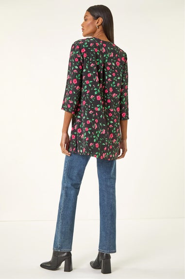 Roman Red Rose Print Longline Buttoned  Blouse