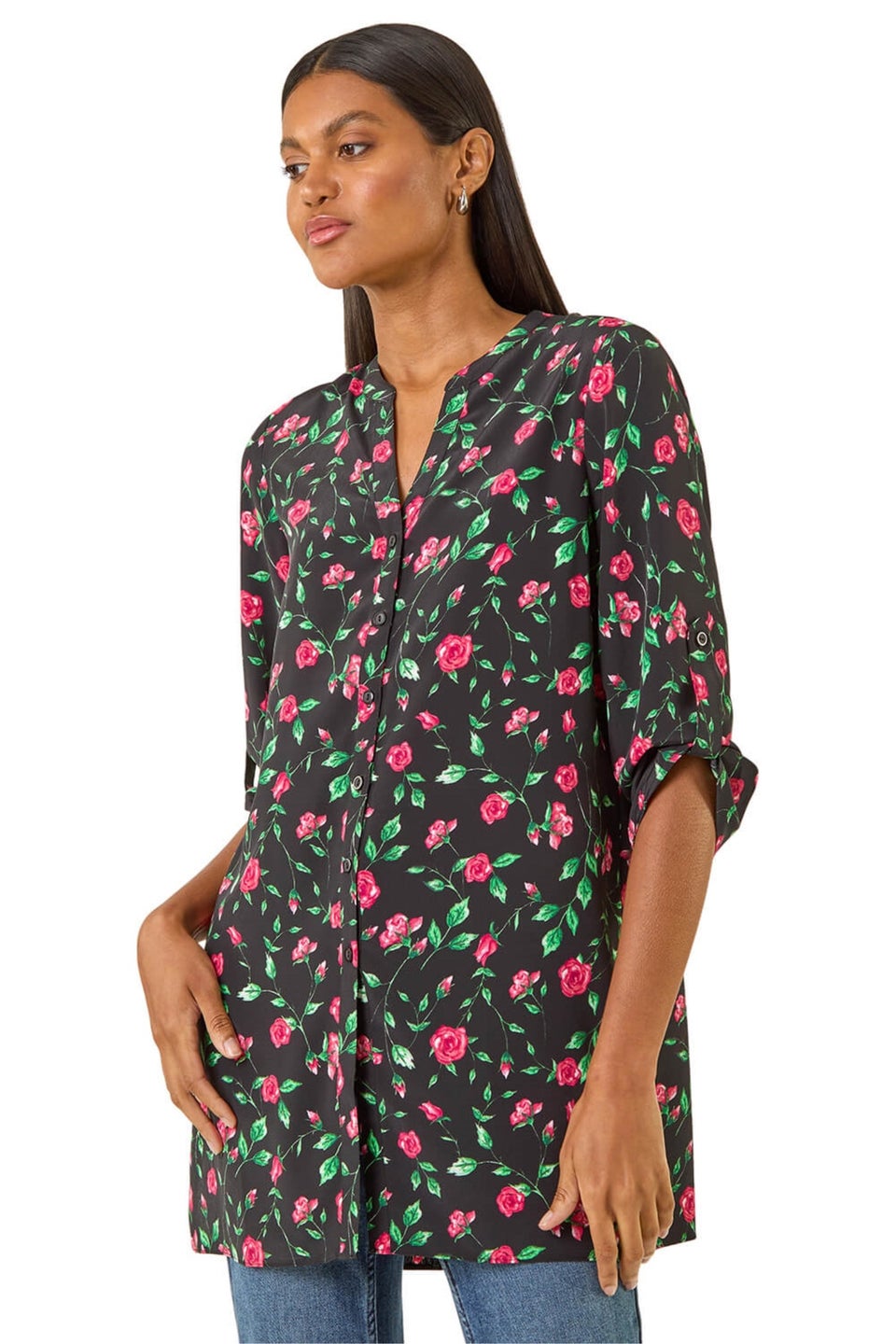 Roman Red Rose Print Longline Buttoned Blouse