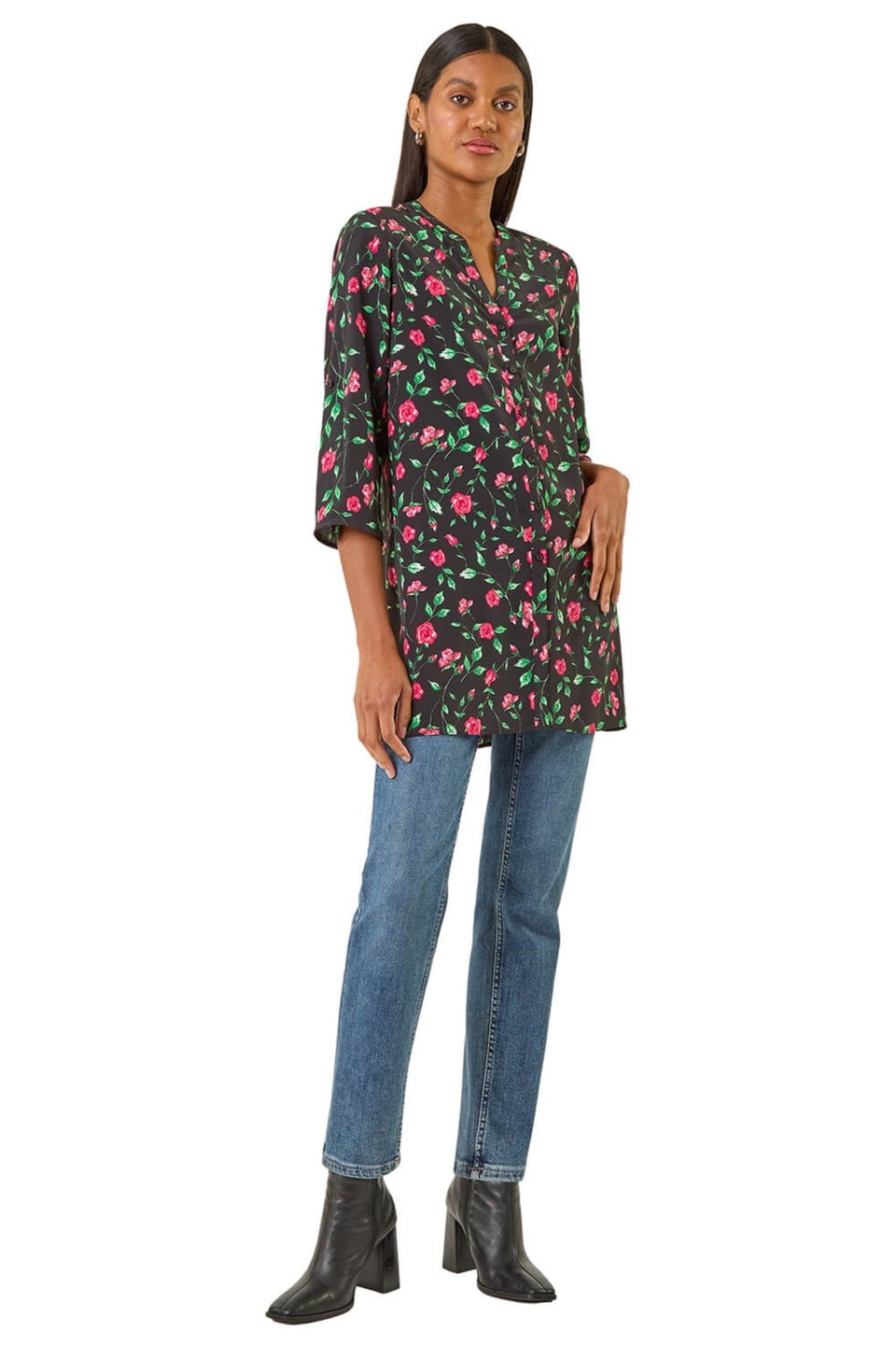 Roman Red Rose Print Longline Buttoned Blouse