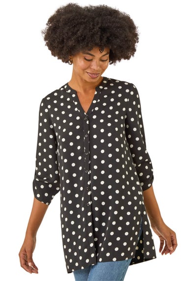 Roman Black Spot Print Longline Buttoned Blouse