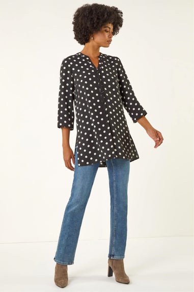 Roman Black Spot Print Longline Buttoned Blouse