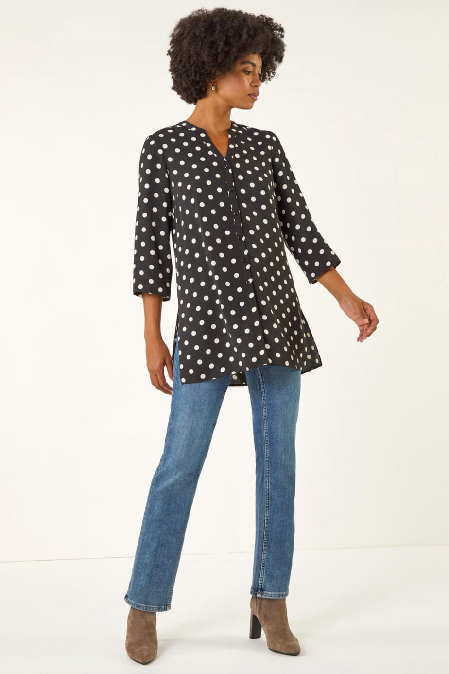 Roman Black Spot Print Longline Buttoned Blouse