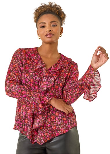Roman Pink Floral Frill Metallic Blouse