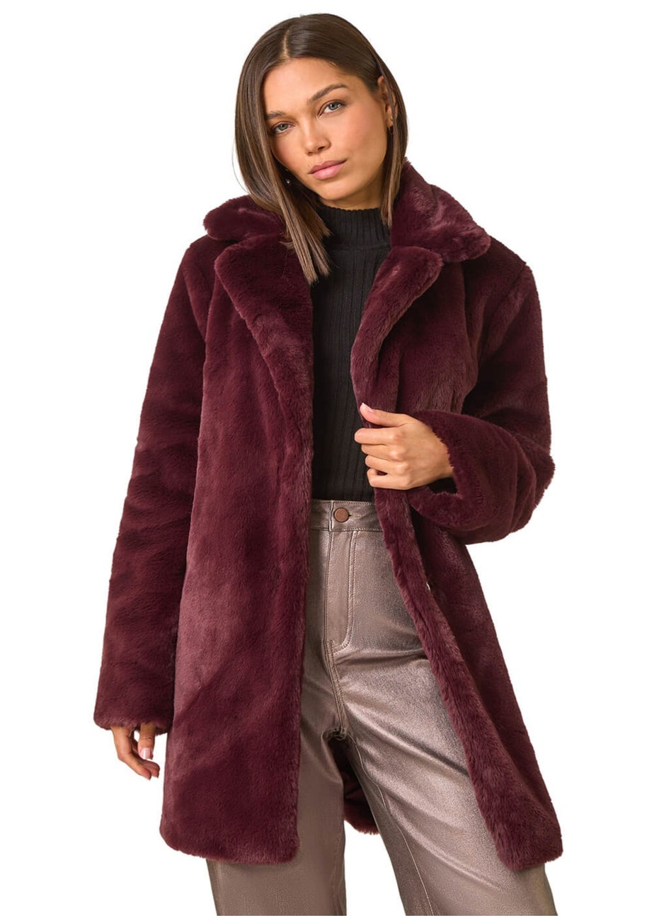 Roman Bordeaux Faux Fur Longline Coat