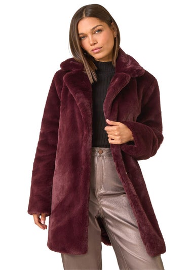 Roman Bordeaux Faux Fur Longline Coat