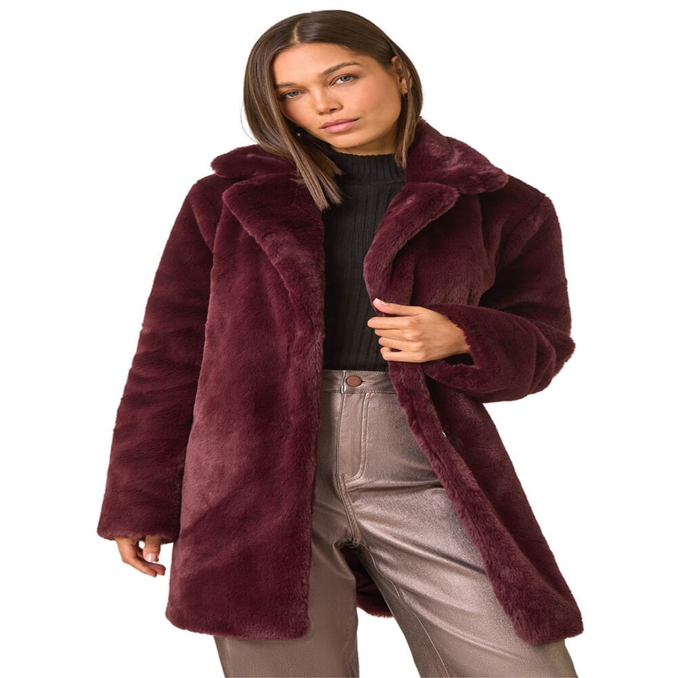 Roman Bordeaux Faux Fur Longline Coat