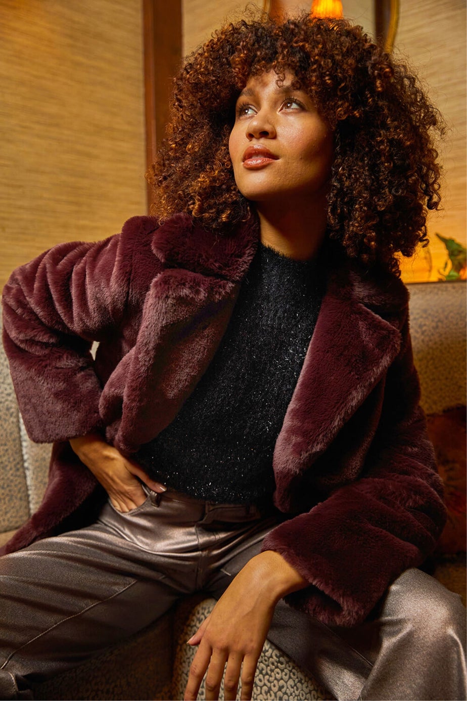 Roman Bordeaux Faux Fur Longline Coat