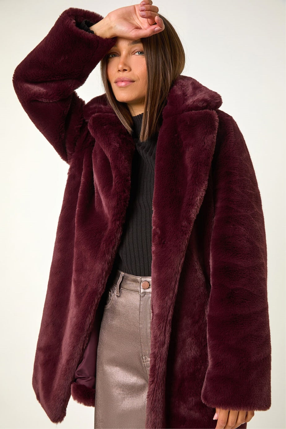 Roman Bordeaux Faux Fur Longline Coat
