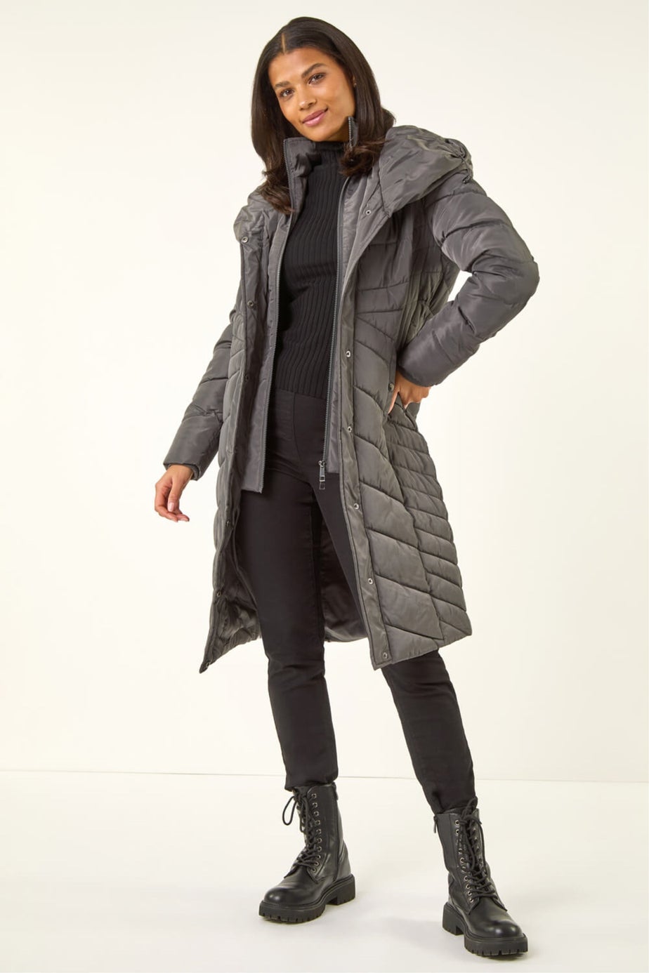 Roman Charcoal Hooded Quilted Coat