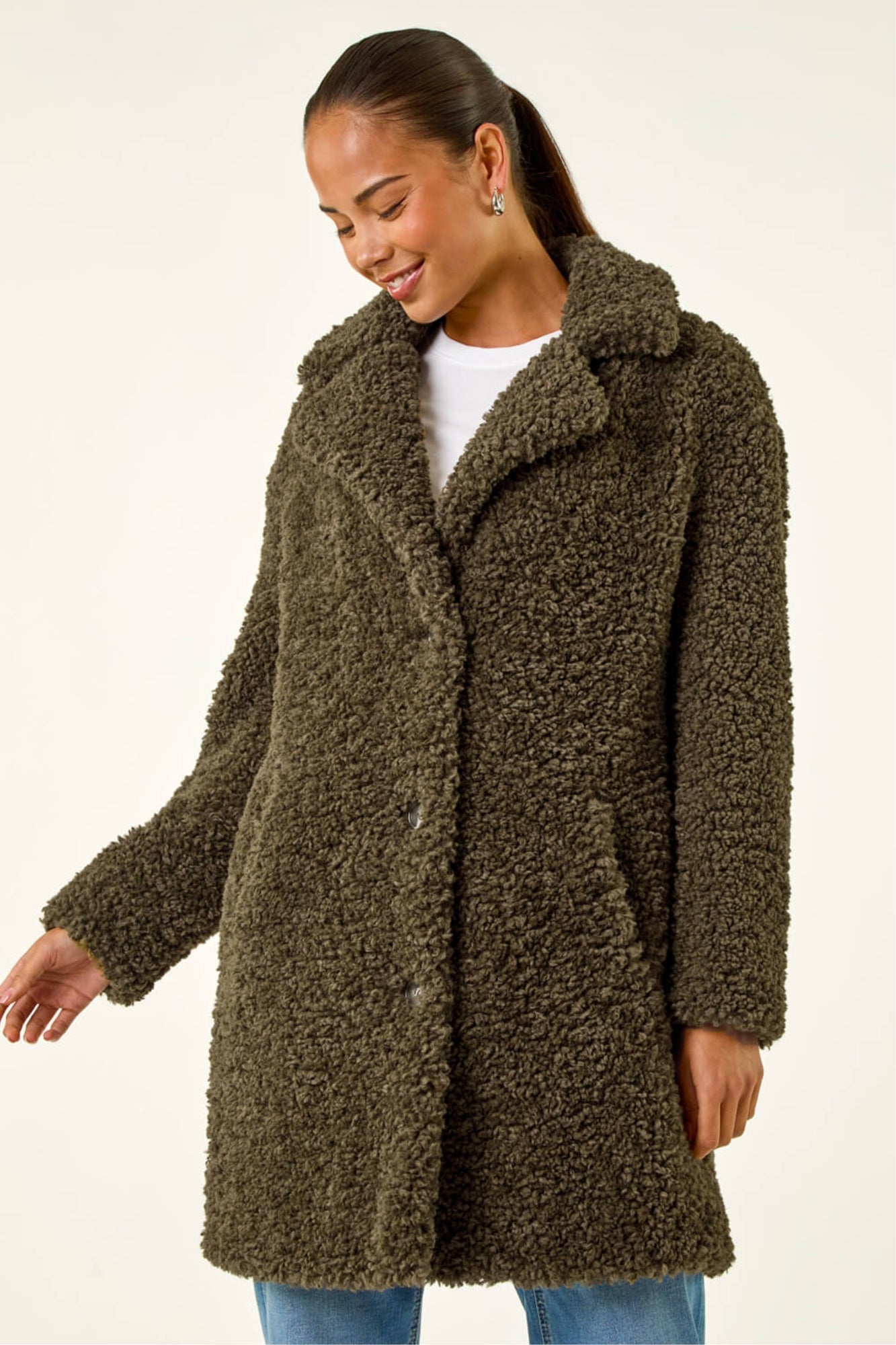 Roman Khaki Petite Teddy Longline Coat - Matalan