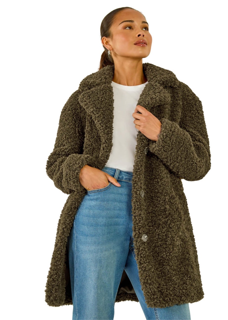 Roman Khaki Petite Teddy Longline Coat