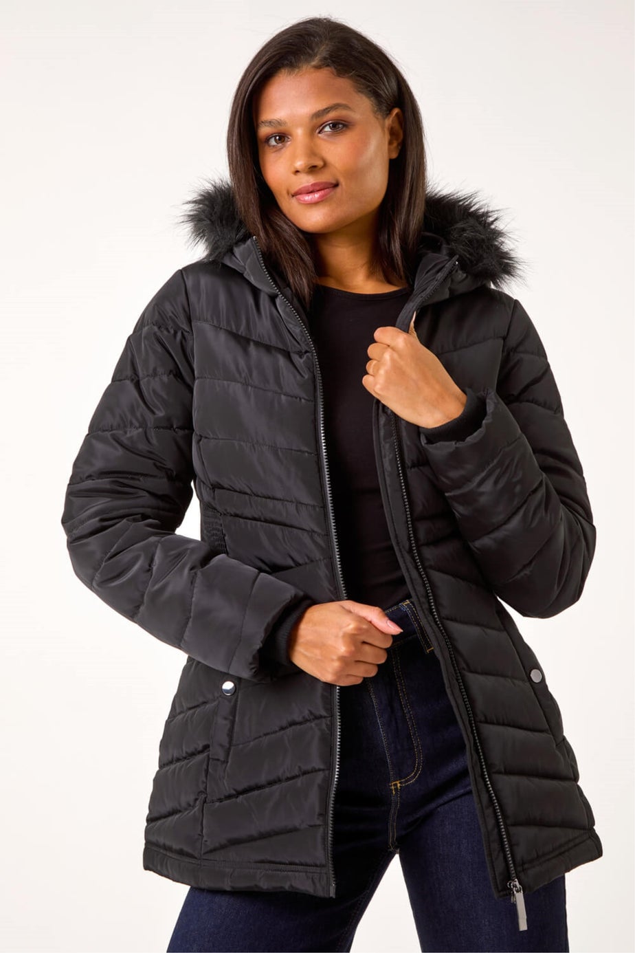 Roman Black Faux Fur Hooded Quilt Coat