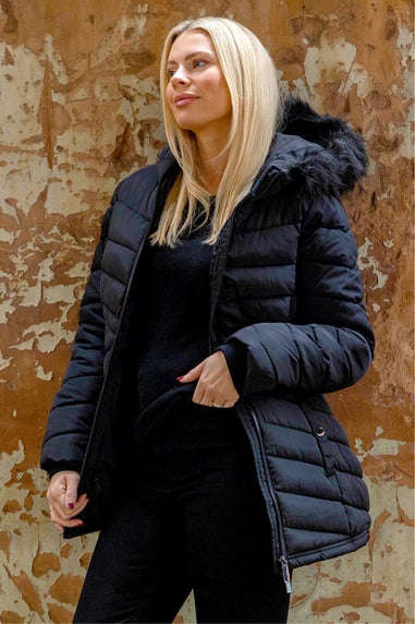 Roman Black Faux Fur Hooded Quilt Coat