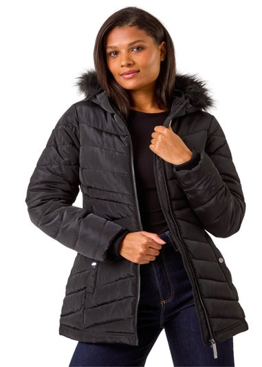 Roman Black Faux Fur Hooded Quilt Coat