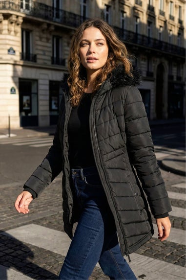 Roman Black Faux Fur Hooded Quilt Coat