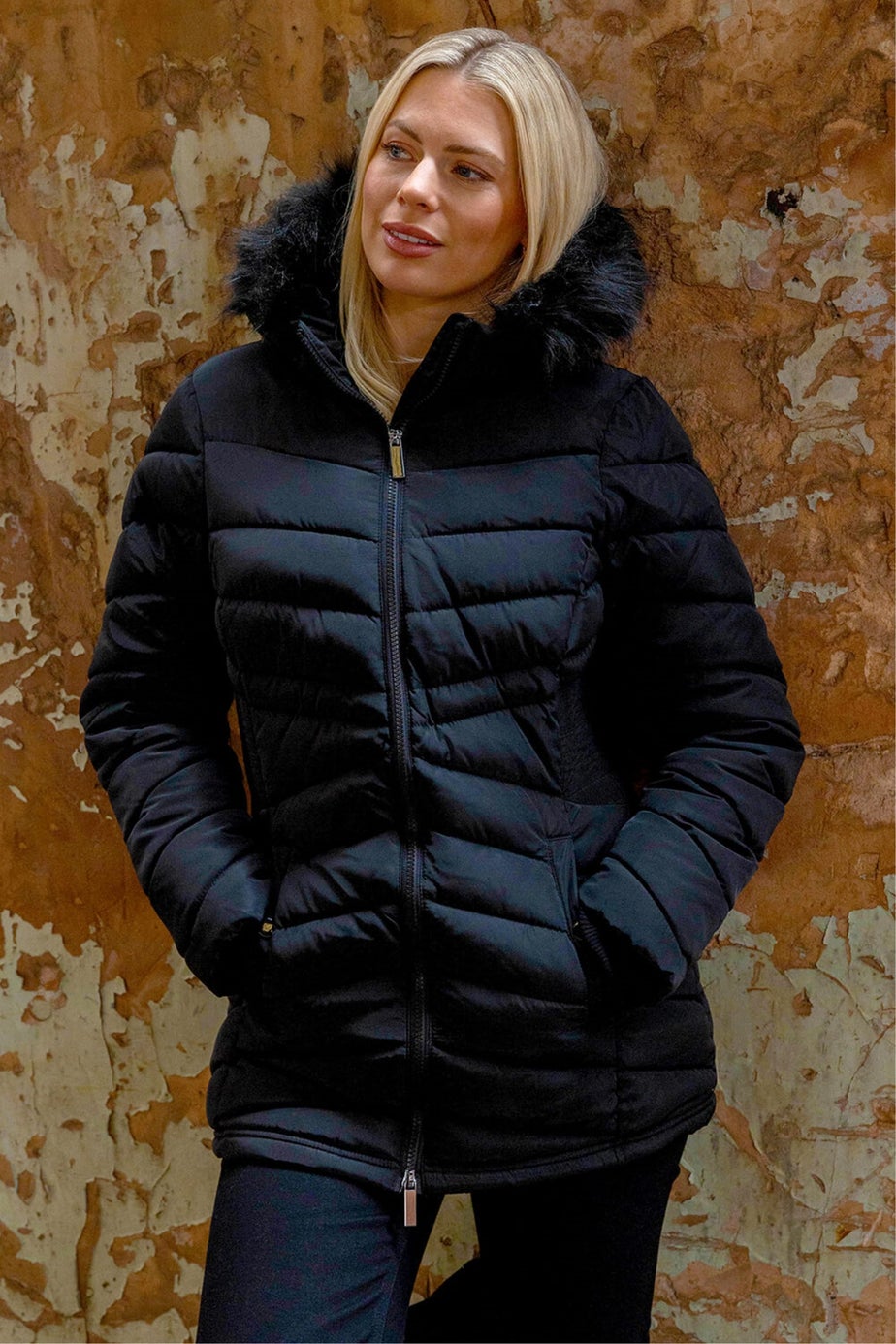 Roman Black Faux Fur Hooded Quilt Coat