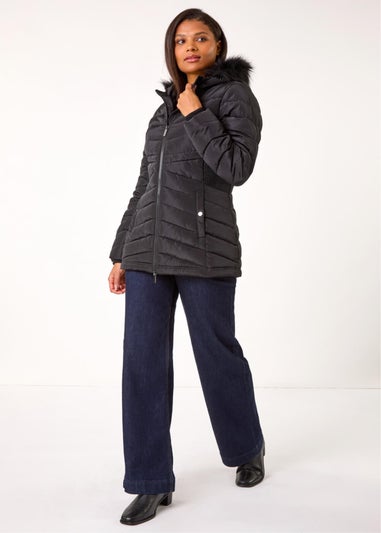 Roman Black Faux Fur Hooded Quilt Coat