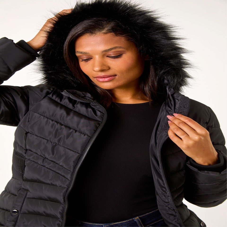 Roman Black Faux Fur Hooded Quilt Coat