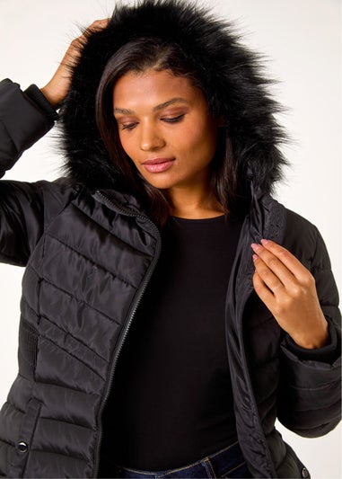 Roman Black Faux Fur Hooded Quilt Coat